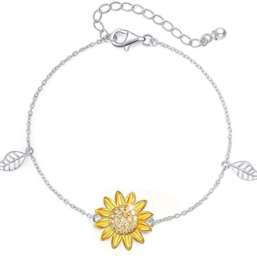 925 Sterling SILVER Sunflower Charm Adjustable Bracelet